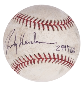 2001 Rickey Henderson Game Used & Signed OMLB Selig Baseball With Career Hit Number 2,997 (MEARS & Beckett)